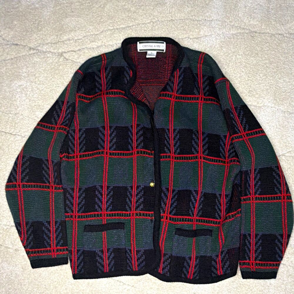 Crystal-Kobe Womens XL Plaid Knit Cardigan Sweater Acrylic Buttons Pockets